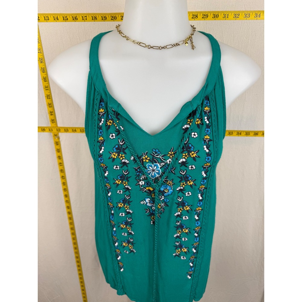 Jade Green Floral Embroidered Tank Top Small Chic Bohemian Lightweight Feminine